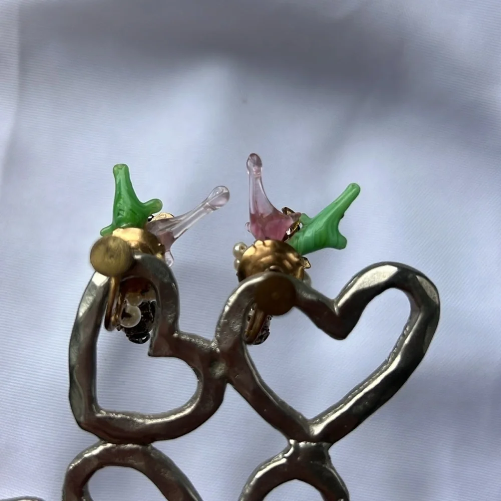 Vintage Rare Early Miriam Haskell Robert Brass Filigree glass leaf Earrings Set